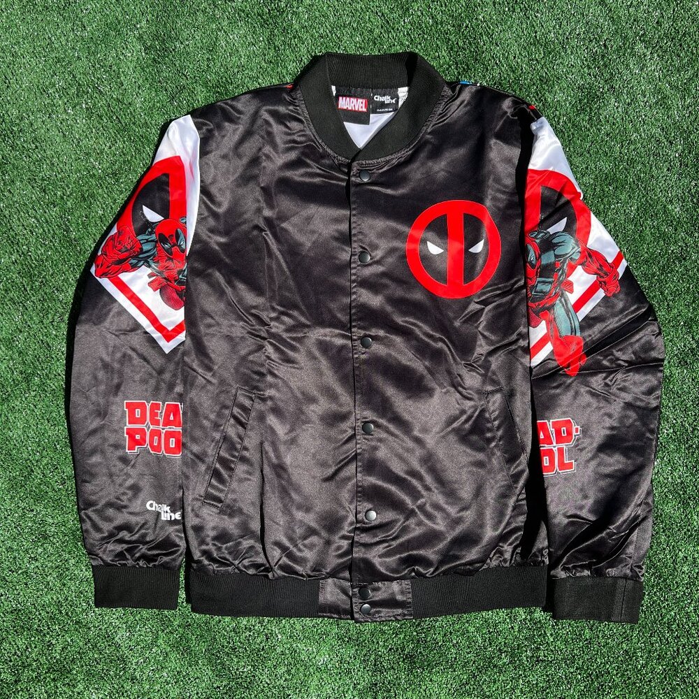 Chalk Line - Marvel Deadpool Satin Long Sleeve Graphic Bomber Jacket